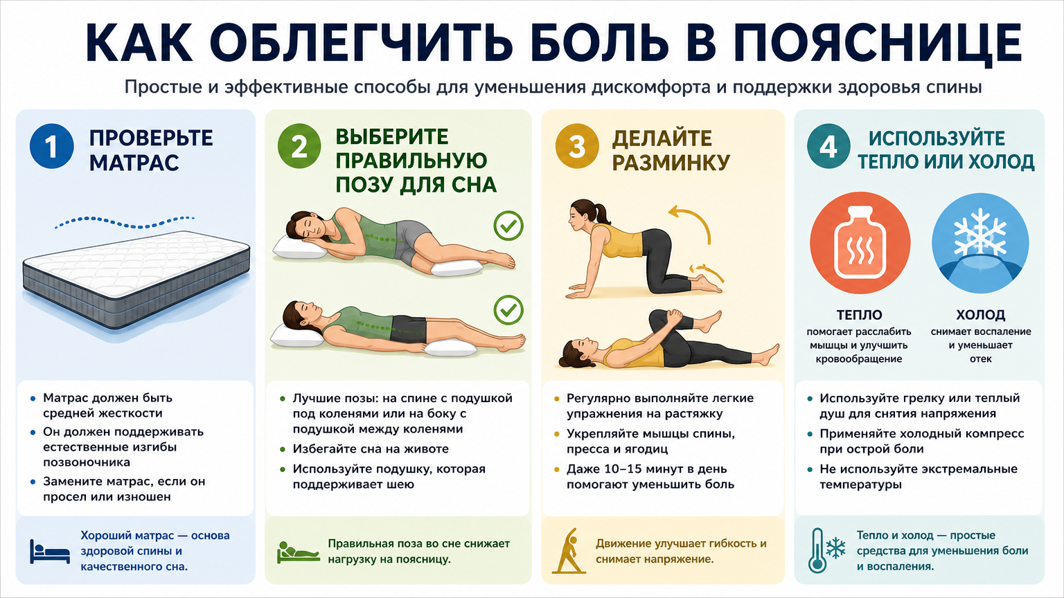 Инфографика: Боль в пояснице после сна: возможные причины и безопасные первые шаги
