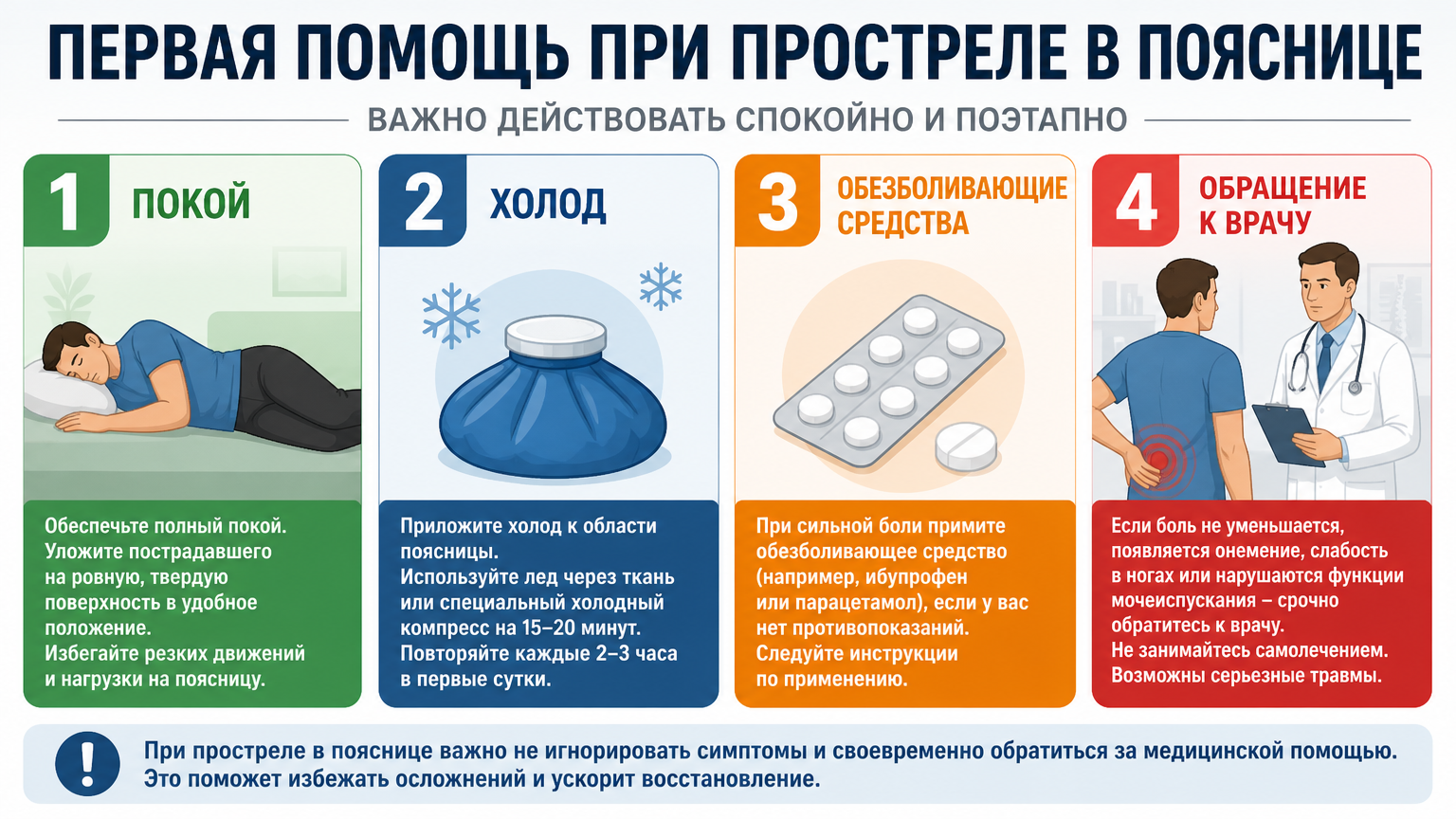 Инфографика: Прострел в пояснице: что можно делать до консультации специалиста